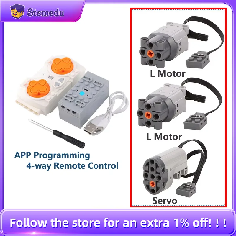 Power Tools Lego - バッテリーケース,電源グループ,日曜大工部品,pfレンガ,lサーボモーター,4方向速度制御を備えたリモートコントロール